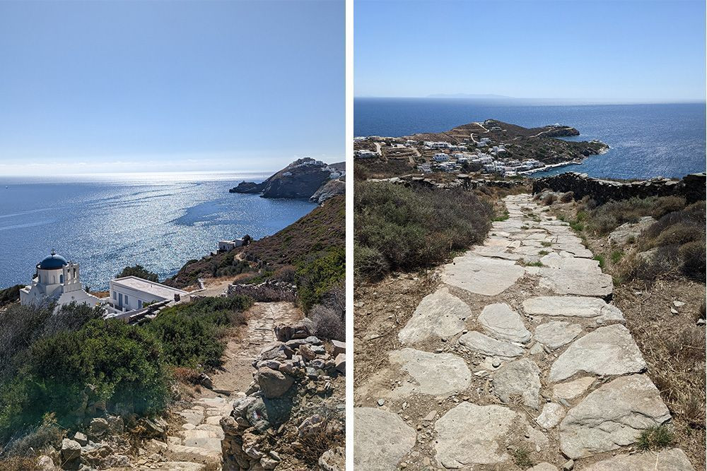 © Cécile Hénard Kapelle mit blauer Kuppel und Küstenpfad - Sifnos - Griechenland